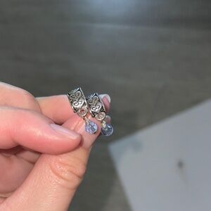 Silver earrings with blue round gemstones dangling & heart design on earrings